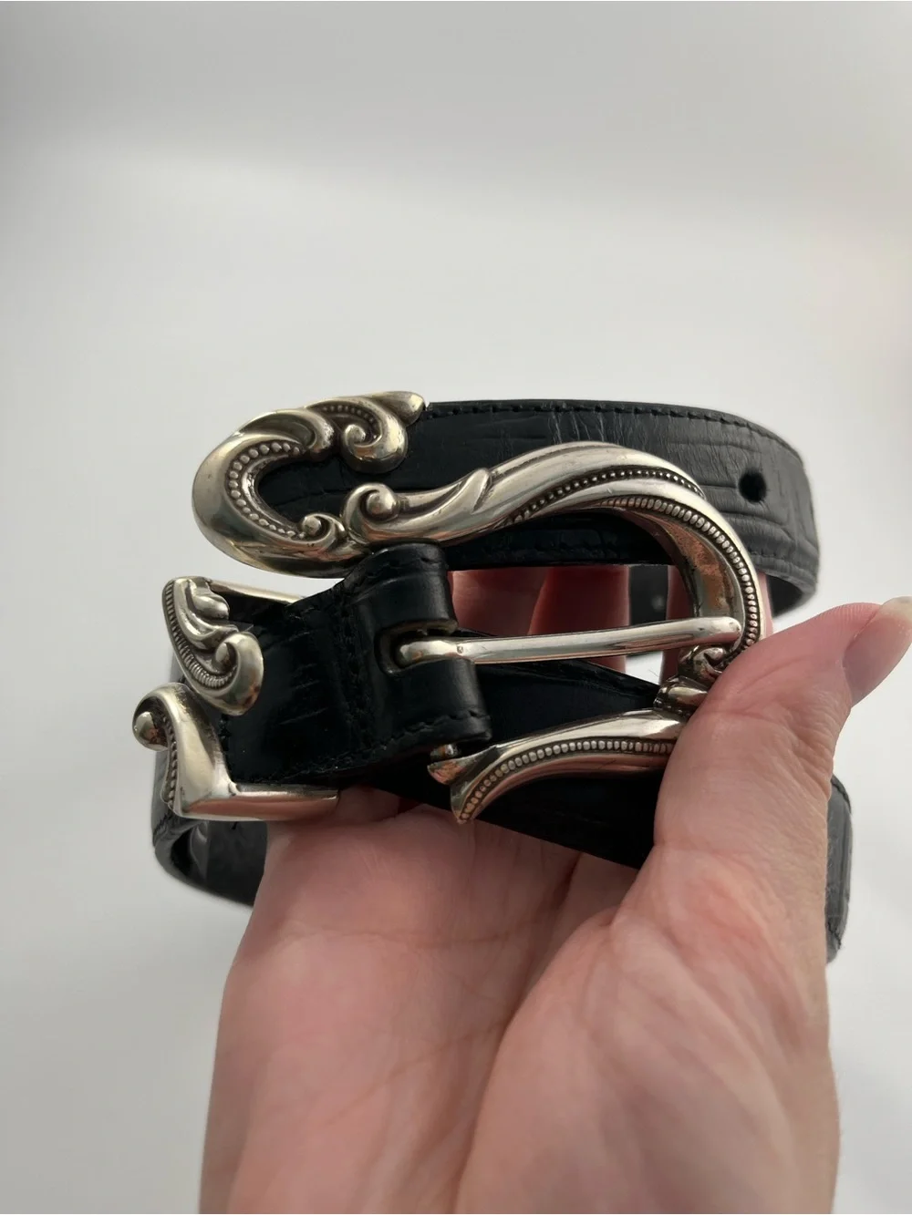 BRIGHTON Western Style Black Embossed Leather Belt Silver Tone Buckle Size Small